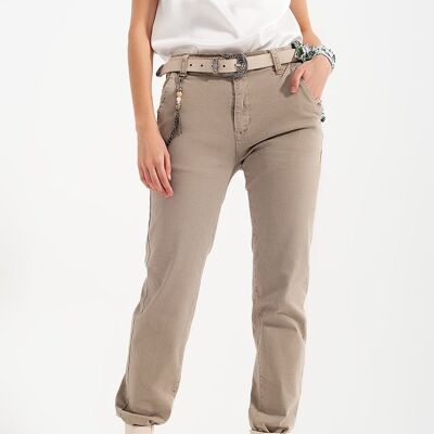 Pantaloni utility con risvolto con catena beige