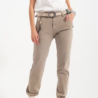 Cuffed utility pants with chain in beige