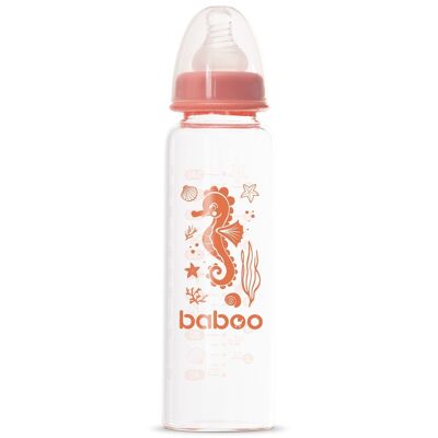 Baboo Biberón de Vidrio Anticólico, 240 ml, Naranja, Sea Life, 3+ Meses