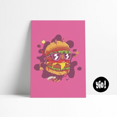 Poster di hamburger, poster di hamburger, divertente illustrazione stampata di hamburger, decorazione murale colorata