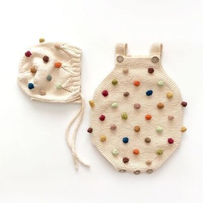 Handmade Rainbow Popcorn Romper and Bonnet set, natural