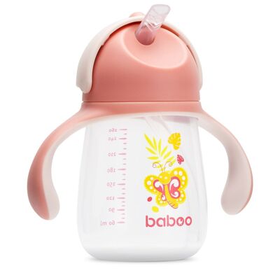 Baboo-Becher mit Silikonstrohhalm, 260 ml, Schmetterling, Rosa, 9+ Monate