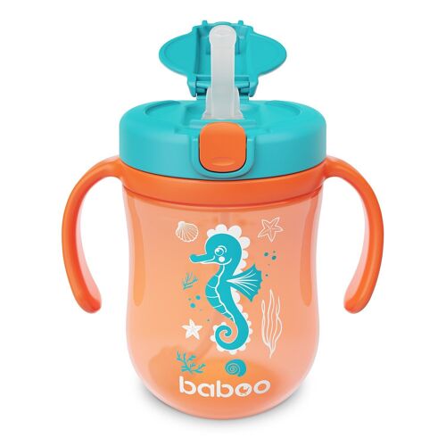 Baboo Cup with Silicone Straw and Gravity Ball, 300 ml, Sea Life, Orange, 9+ Months