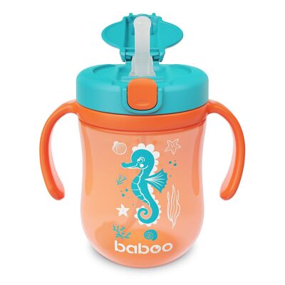 Baboo Cup mit Silikonstrohhalm und Schwerkraftball, 300 ml, Sea Life, Orange, 9+ Monate