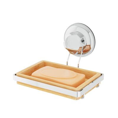 Wall-mounted soap dish, Bamboo and rust-proof chrome iron, 14.6 x 12.6 x H.10.5 cm, Brown/Chrome, RAN5806