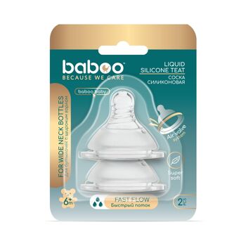 Baboo Tétine en silicone liquide (2 pièces), col large, débit rapide, 6 mois et plus 6