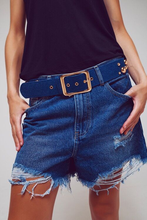 denim colored belt with metallic bubble applications