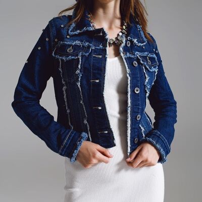 Denim jacket with frayed and embroidered details in Midwash