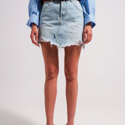 Denim mini skirt with raw hem in light wash blue