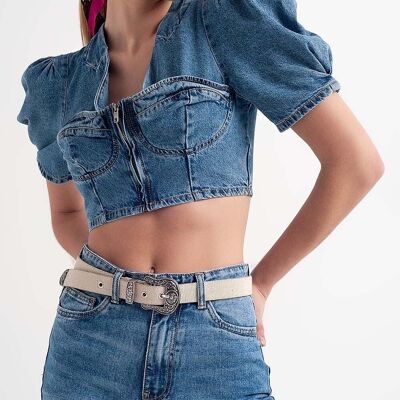 Top corto in denim con maniche a sbuffo blu lavaggio medio