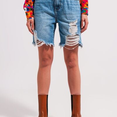Denim shorts with distressing in light blue