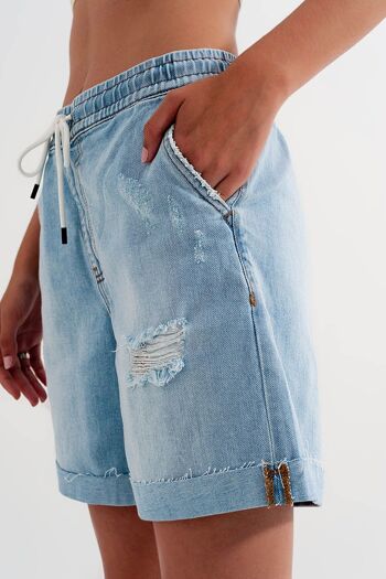 Short en jean avec taille élastique en bleu délavé 6
