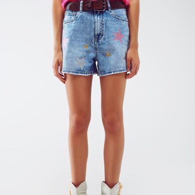 DenIm Shorts With Laminated Stars in Light Wash