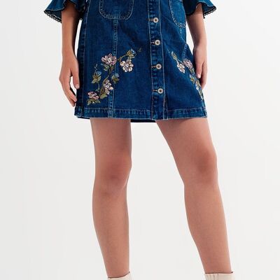 Denim skirt with flower embroidery and front buttons