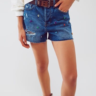 Distressed Jean Shorts With Embellished Details in Mid Wash
