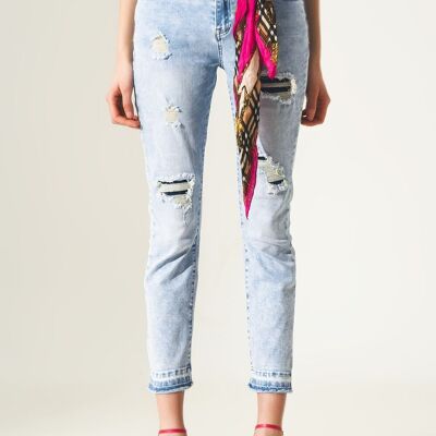 Distressed straight jeans with hem detail in blue