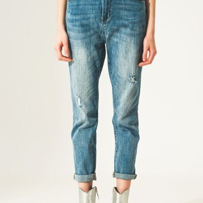 Distressed straight leg jean in light blue
