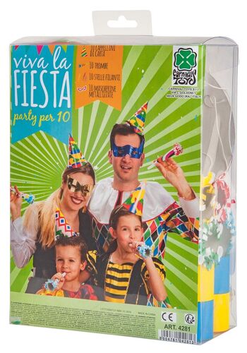 Articles de fête - Set de fête de carnaval (10 masques, 10 casquettes., 10 mini étoiles, 10 trompettes) dans une boîte PVC