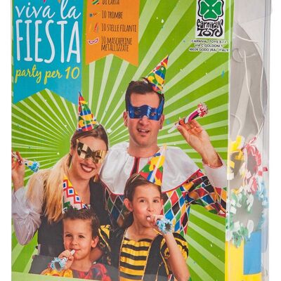 Articoli per feste - Party set carnevale (10 maschere,10 capp.,10 ministelle,10 trombette) in scatola pvc