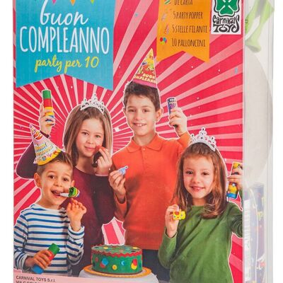 Articoli per feste - Party set compleanno (5 capp.,5 party popper,5 stelle,10 pall.) in scatola pvc