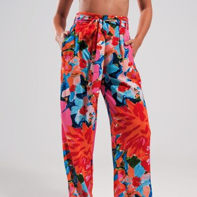 Elastic back pants in bright floral