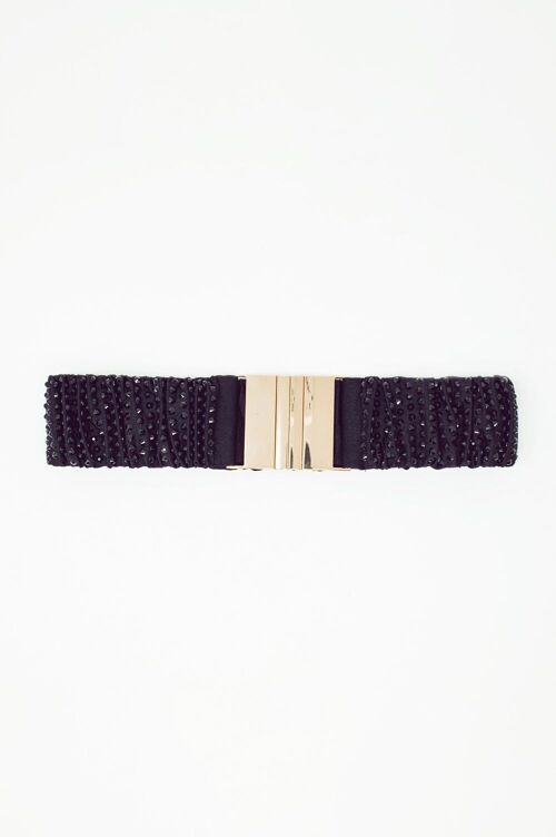 Elasticated Beaded Belt With Golden Buckle in Black