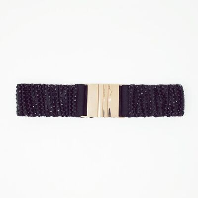 Cinturón elástico de pedrería con hebilla dorada en negro