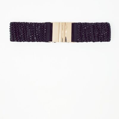 Cintura elastica con perline con fibbia dorata in nero