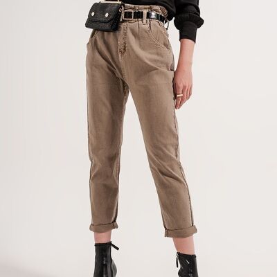 Elasticated paper bag waist jean in Beige