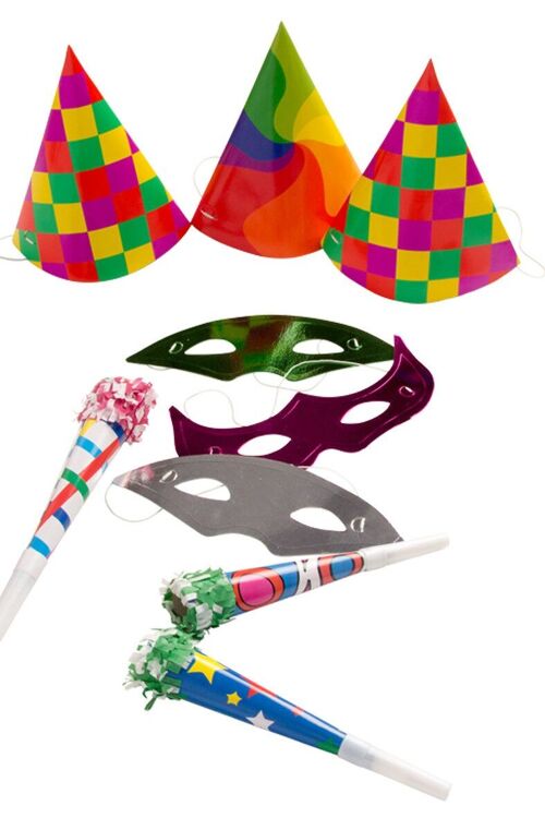 Articoli per feste - Party set (3 cappellini, 3 farfalle, 3 trombe) in busta con cavallotto