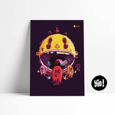 Poster di Pac-Man, poster retrogaming, divertente illustrazione stampata vintage, decorazione murale colorata