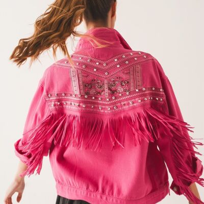 Embellished fringe denim jacket in fuchsia