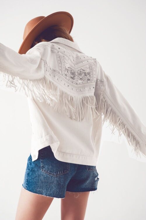 Embellished fringe denim jacket in white