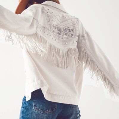 Giubbotto in denim bianco decorato con frange