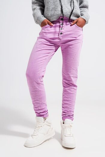 Jean skinny à boutons apparents rose 2