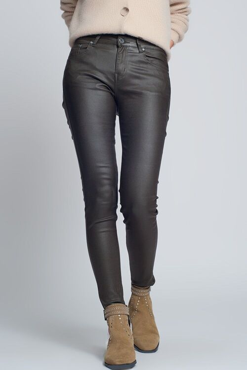 Faux leather skinny pants in khaki colour
