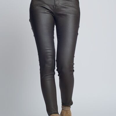 Pantalon skinny en similicuir de couleur kaki