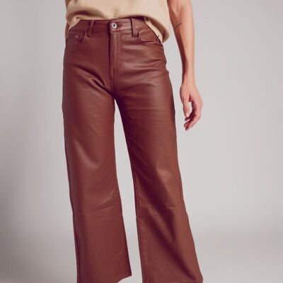 Faux leather wide leg trouser in brown