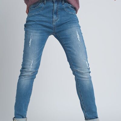 Fine denim ripped boyfriend jean in mid wash