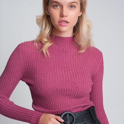 Pull col montant fin en fuchsia