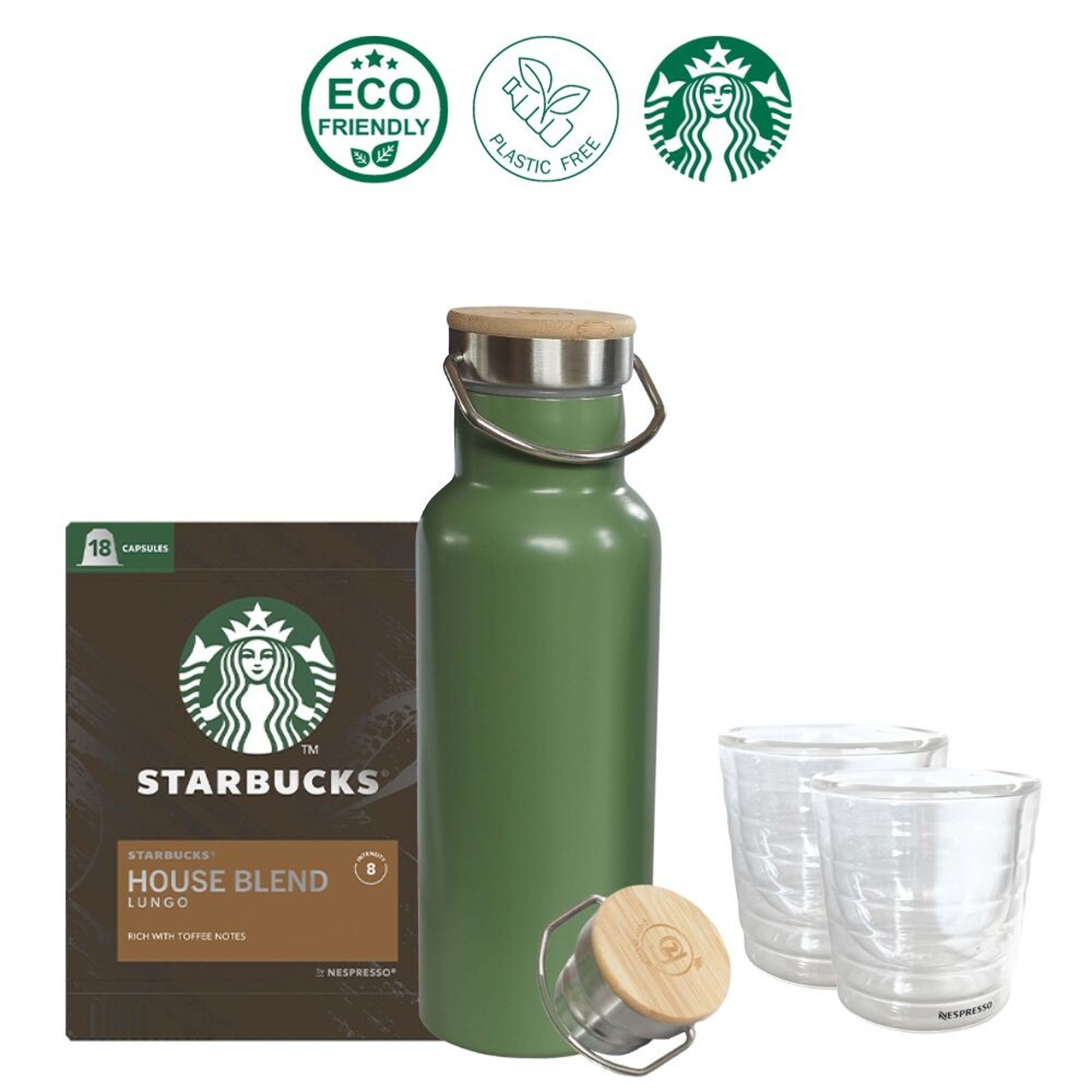 Compra Paquete de café Starbucks con termo de metal verde de ganso verde y  2 vasos Nespresso Lungo