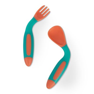 Baboo Juego de tenedor y cuchara flexible, melocotón, 6+ meses