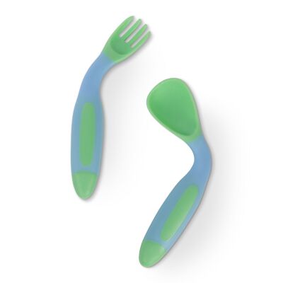 Baboo Juego de tenedor y cuchara flexible, verde, 6+ meses