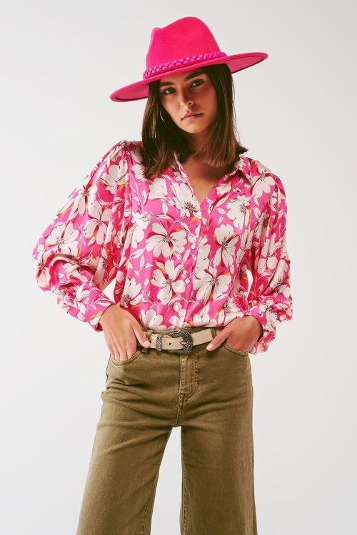 Floral chiffon Blouse with Volume Sleeves in Pink