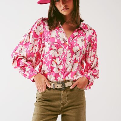Floral chiffon Blouse with Volume Sleeves in Pink