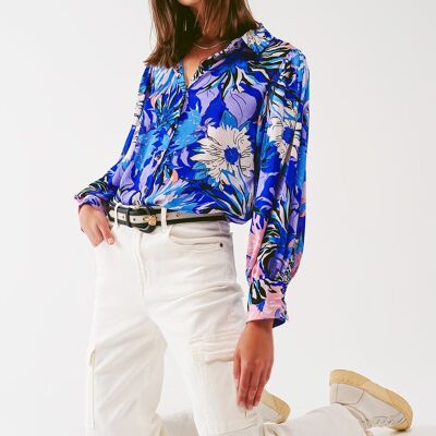 Floral Print Chiffon Blouse in Blue