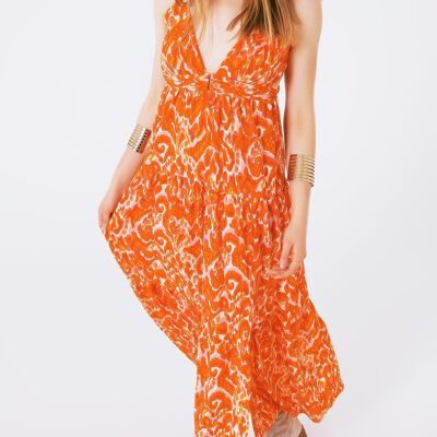 Floral Print Maxi Dress with V neck in orange