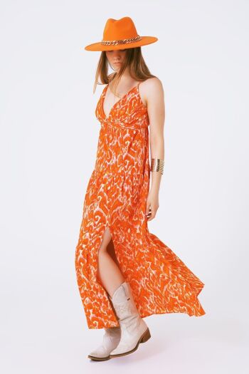 Robe longue à imprimé floral et col en V orange 2