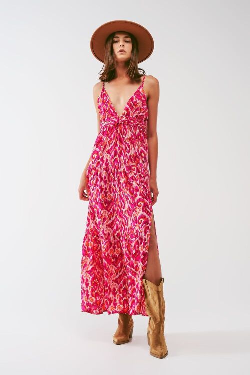 Floral Print Maxi Dress with V neck in Pink