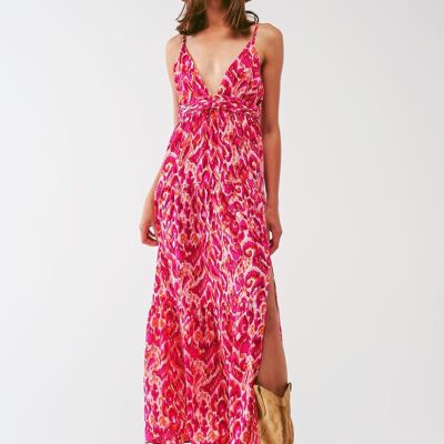 Floral Print Maxi Dress with V neck in Pink
